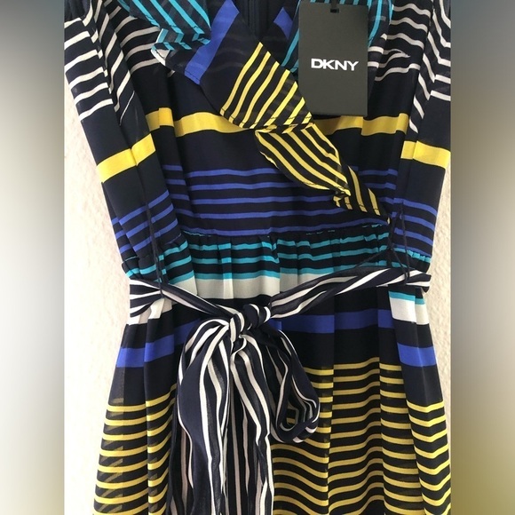 DKNY Womens Navy Ruffled Zippered Belted Lined Striped Sleeveless Surplice Dress - Picture 10 of 11